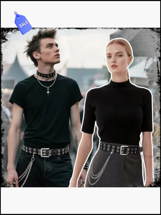 Double Grommet Studded Belt with Detachable Chain Punk Rock Goth main image 4